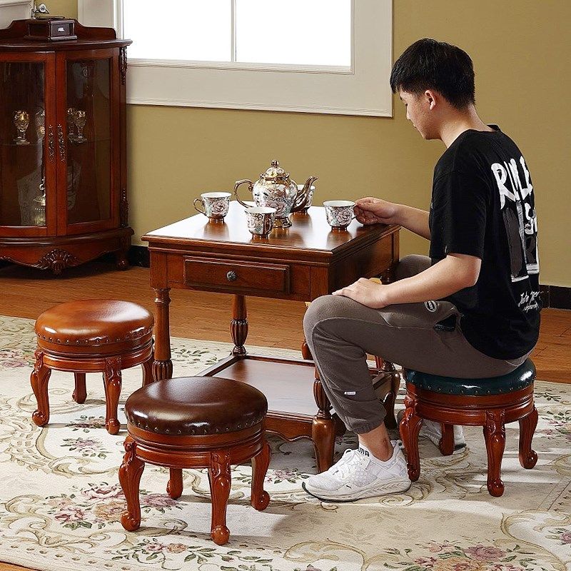 美式实木圆凳客厅沙发凳茶几矮凳家用门口换鞋凳欧式小凳子皮板凳