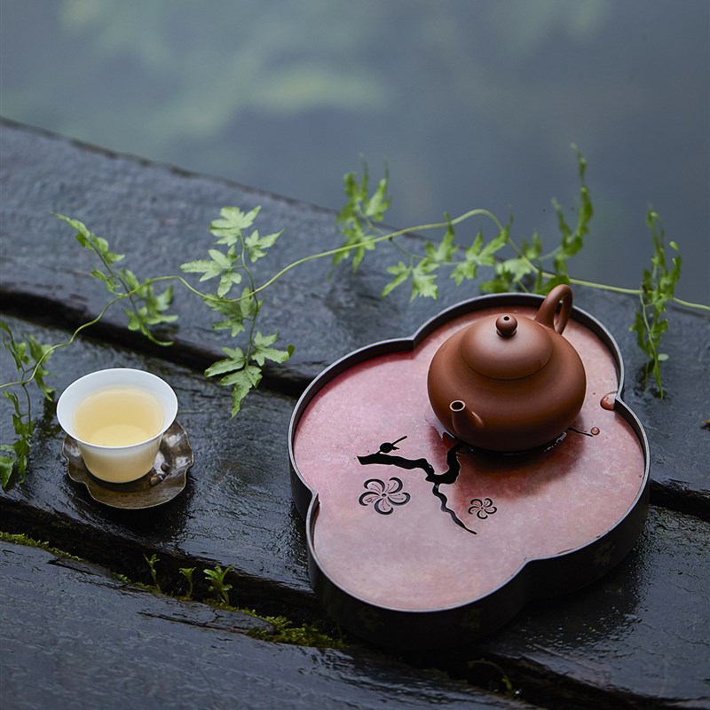 紫铜海棠茶盘 梅花壶承壶托干泡盘 便携小茶盘养壶紫砂铜茶器