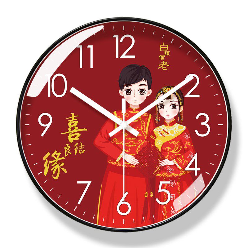 易普拉6614喜结良缘婚庆挂钟新婚钟表新中式钟卧室静音扫秒石英钟 - 实物图