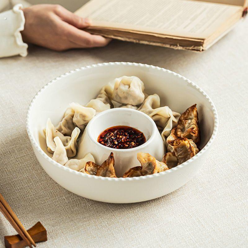 陶瓷高级餐盘饺子盘家用带醋碟家用2025新款碗碟餐具水饺菜盘餐盘