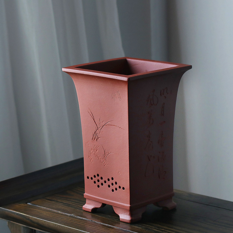 四方精品紫砂花盆宜兴高档陶瓷大高束腰带侧孔蕙春墨兰草室内阳台