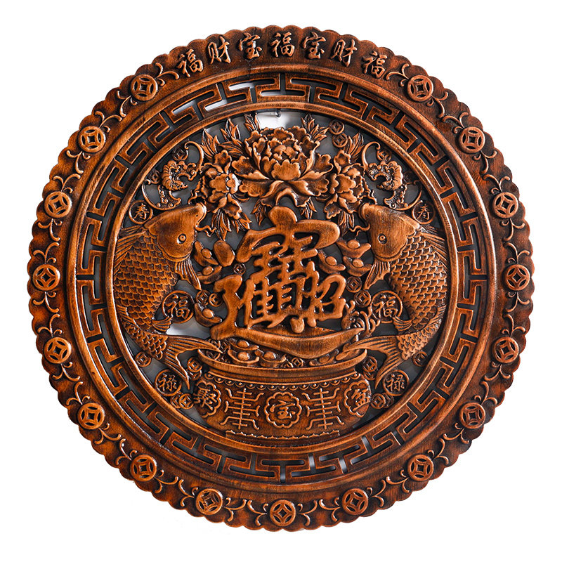 东阳木雕香樟木挂件客厅背景墙圆形壁挂中式复古工艺品装饰画摆件