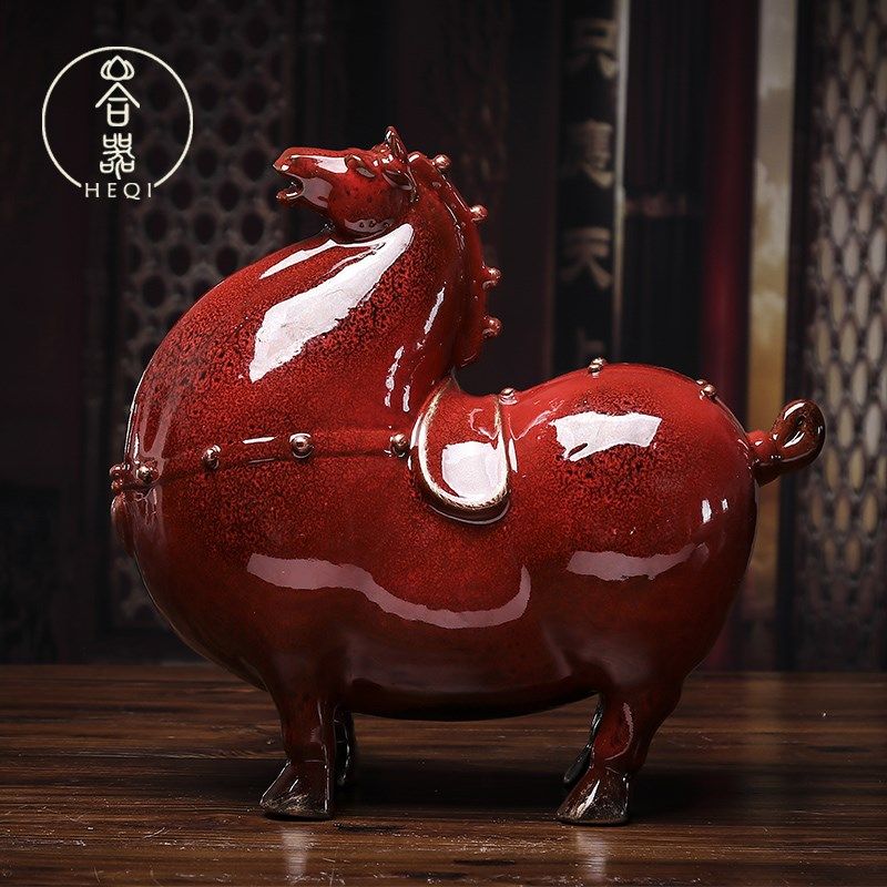 马摆件 陶瓷工艺品风水招财客厅家居小饰品 创意可爱红色唐马摆件
