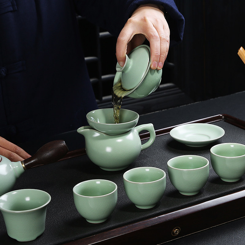 龙浔 汝窑功夫茶具套装陶瓷整套茶具 汝瓷开片盖碗泡茶壶茶杯家用