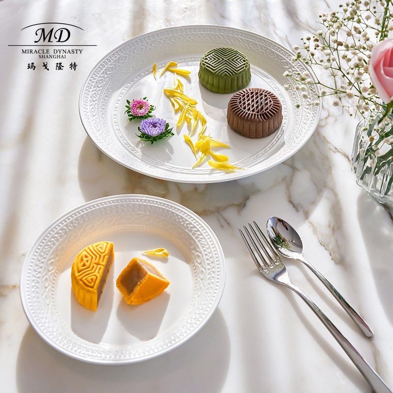 玛戈隆特骨瓷餐具事事如意纯白浮雕家用中式餐具汤盘ins风餐盘