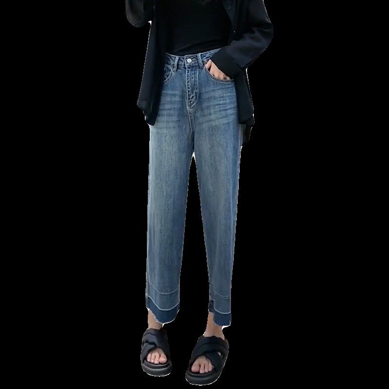 弹力牛仔裤女薄款2024夏季新款大码阔腿裤遮胯显瘦八九分直筒裤子