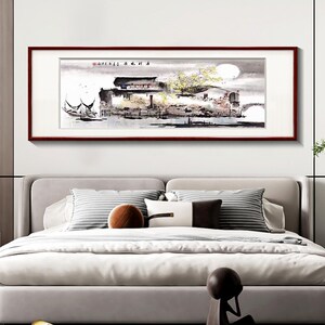 新中式卧室床头画客厅背景墙装饰画江南水乡中国风挂画横款壁画