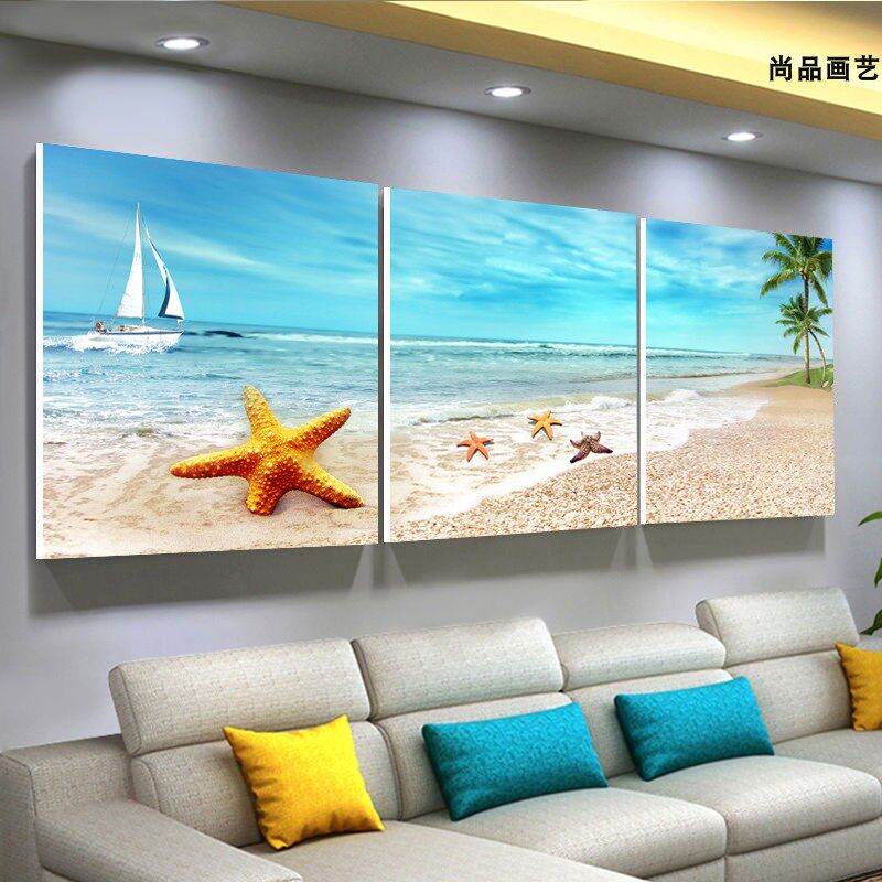 客厅餐厅卧室海边风景三联画简约大气装饰画沙发背景墙壁无框挂画