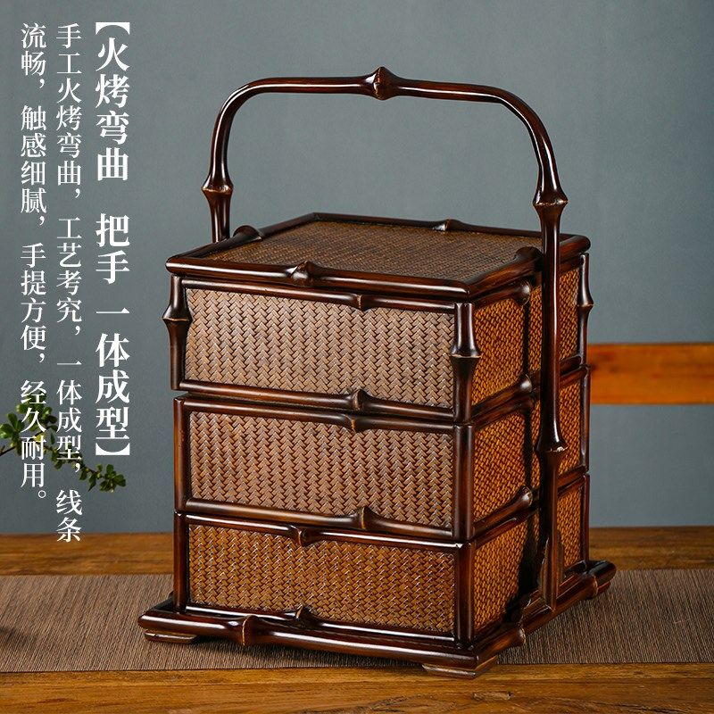 竹柒阁紫竹茶棚桌面明式茶柜茶具收纳柜带抽屉竹编提盒筇竹家具