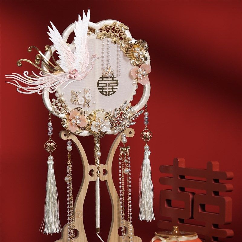 团扇新娘结婚双面喜扇diy材料包中式婚礼秀禾汉服出嫁扇红色成品