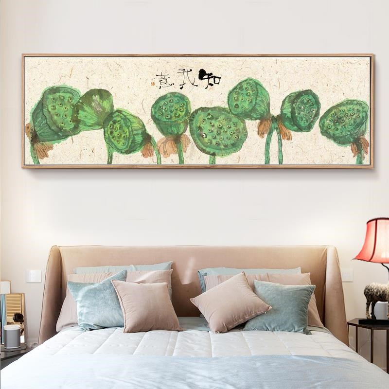 网红荷花中式卧横室装饰画幅长形壁画客厅荷花莲子墙画新床头挂画