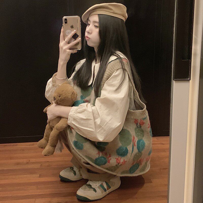 大码女装秋季时尚套装云朵领衬衫+针织马甲+百搭肥腿裤显瘦三件套
