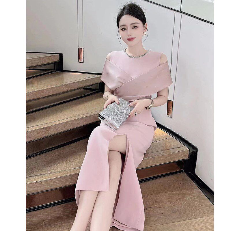 优雅女装婚礼宴会修身大码气质礼服连衣裙粉红色订钻设计感晚宴裙