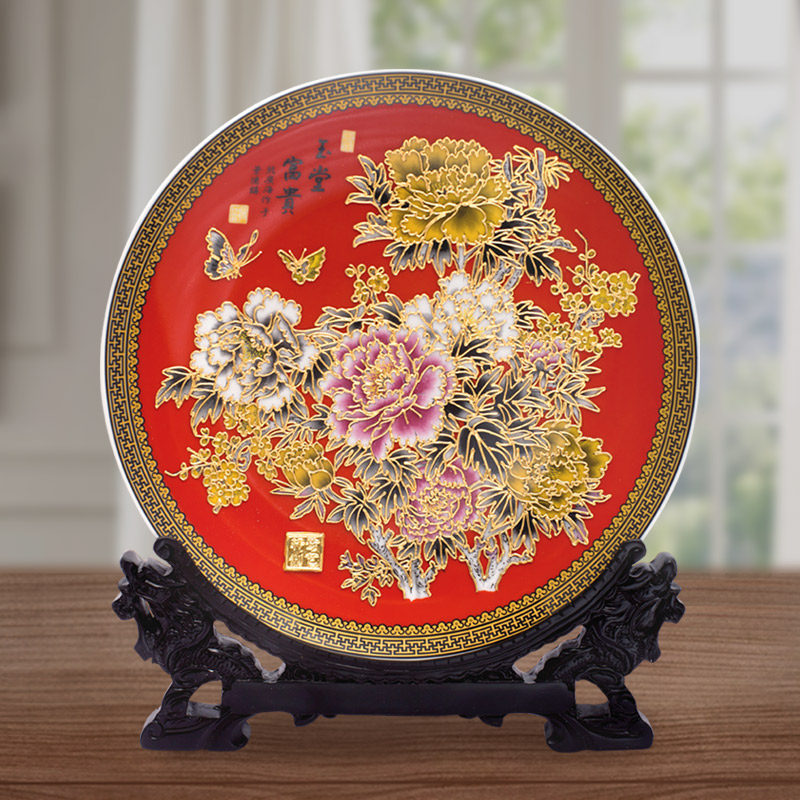 玉堂富贵红盘景德镇陶瓷漆线雕工艺品摆件厦门特色开业乔迁礼品