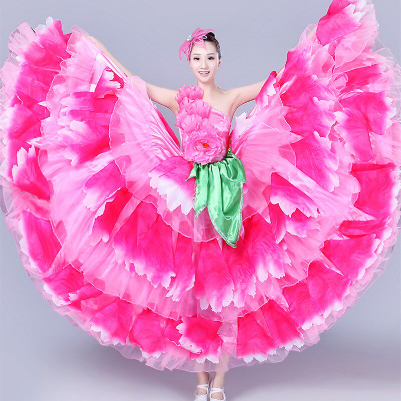 2018新款开场舞大摆裙花开盛世演出表演服装成人伴舞长裙舞蹈裙女