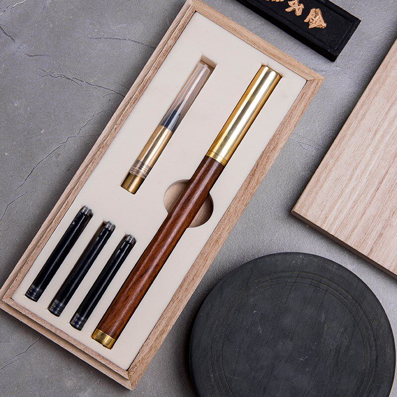 弘典纯黄铜狼毫钢笔式毛笔小楷抄经笔便携式墨囊定制刻字1808软笔