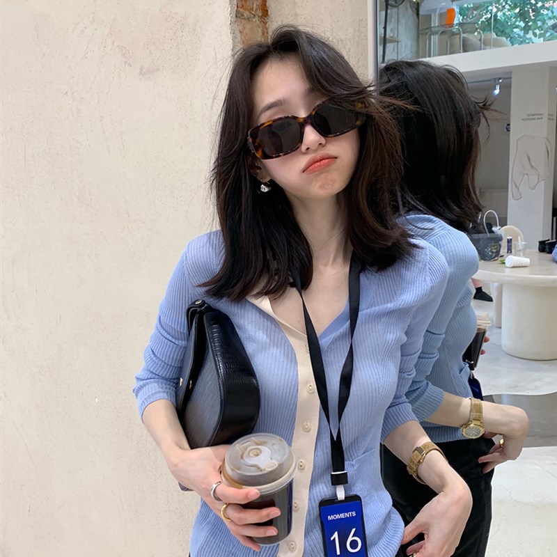 韩国东大门女装黑色拼接V领针织开衫早春新款薄款修身显瘦上衣