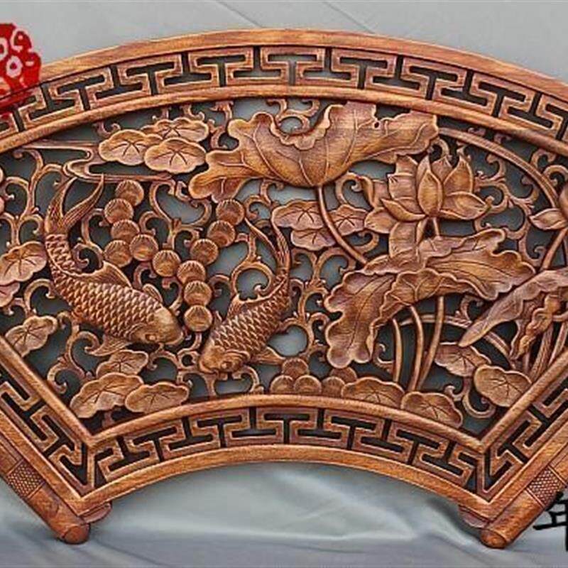 东阳木雕挂件扇形鱼福客厅玄关电视背景墙中式挂饰墙饰实木香樟木
