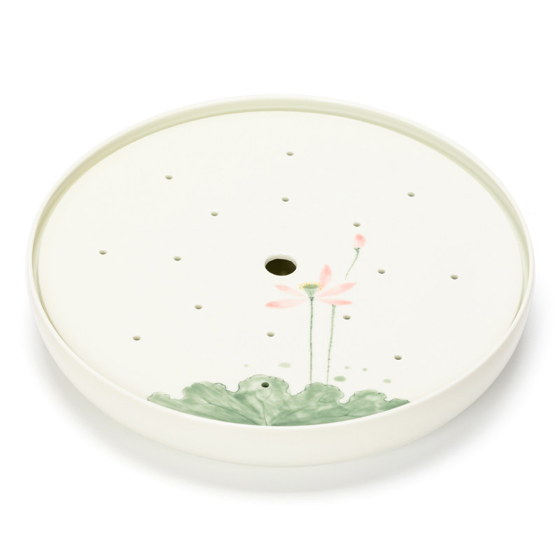 御泉手绘陶瓷茶盘圆形储水式家用功夫茶具小型干泡茶台茶海办公室