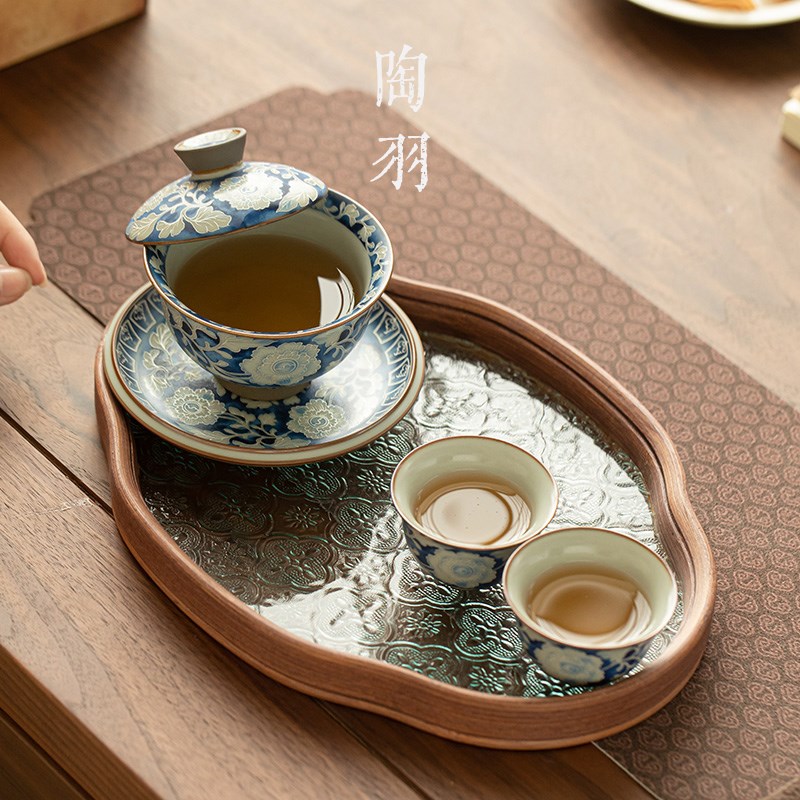 汝窑元青花悬停三才盖碗一壶三杯家用陶瓷泡茶碗茶杯茶盘功夫茶具