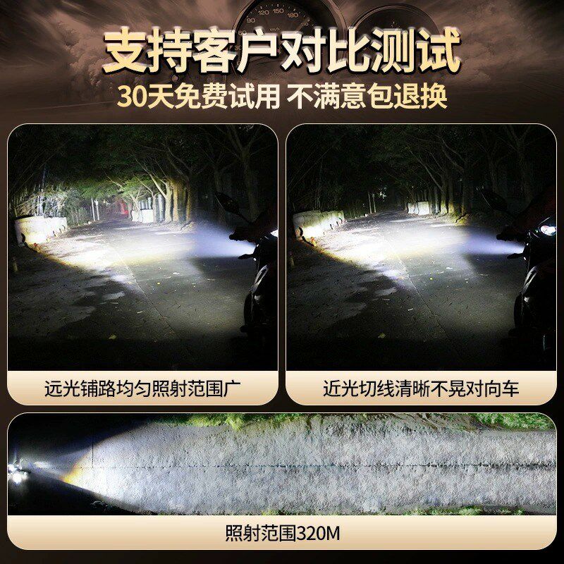 小龟王电动摩托车LED大灯改装配件透镜远光近光灯一体强光车灯泡
