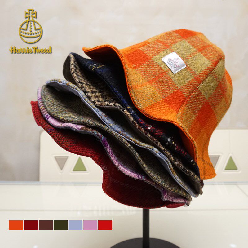 Harristweed日单春秋情侣卷边渔夫帽英伦格子盆帽男女双面遮阳帽