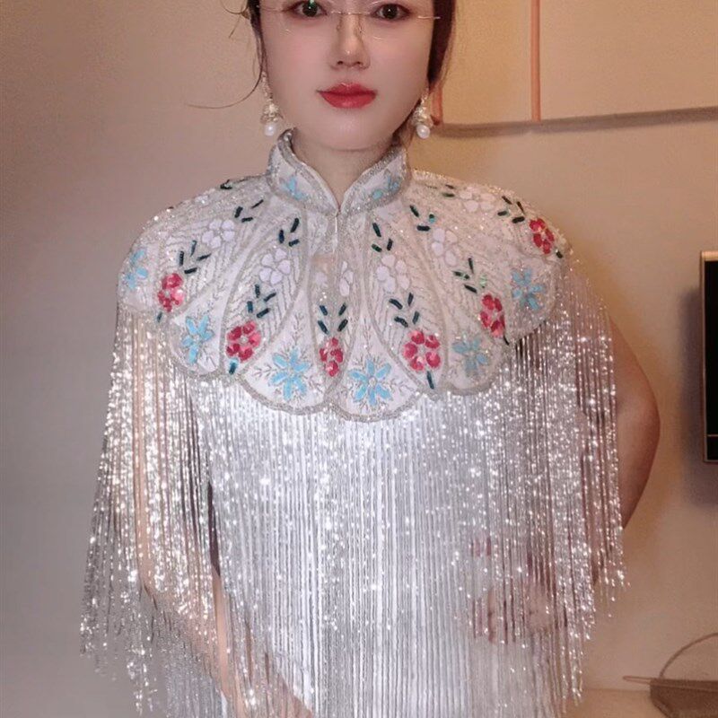 印度重工钉珠披肩长流苏旗袍云肩手工串珠时装走秀影楼古风披肩