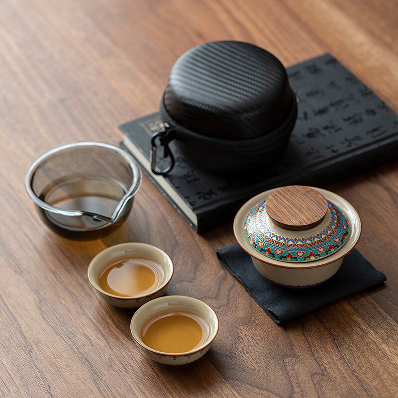 敦煌旅行茶具套装一壶三杯便携式快客杯盖碗户外露营泡茶壶茶杯子