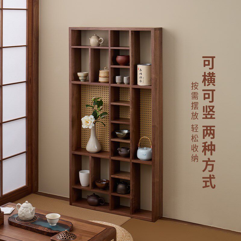 者纳里黑胡桃木中式多宝阁架子茶室挂墙置物架墙上摆件实木博古架