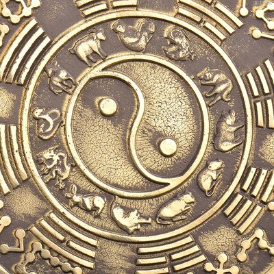八尺神照镜黄铜镜子九宫八卦生肖镜纯铜平面镜带手柄结婚用的真品