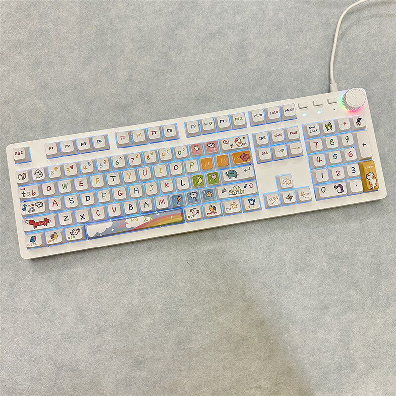 104键渐变色透光多媒体旋钮有线机械键盘办公游戏冰蓝光热插拔轴