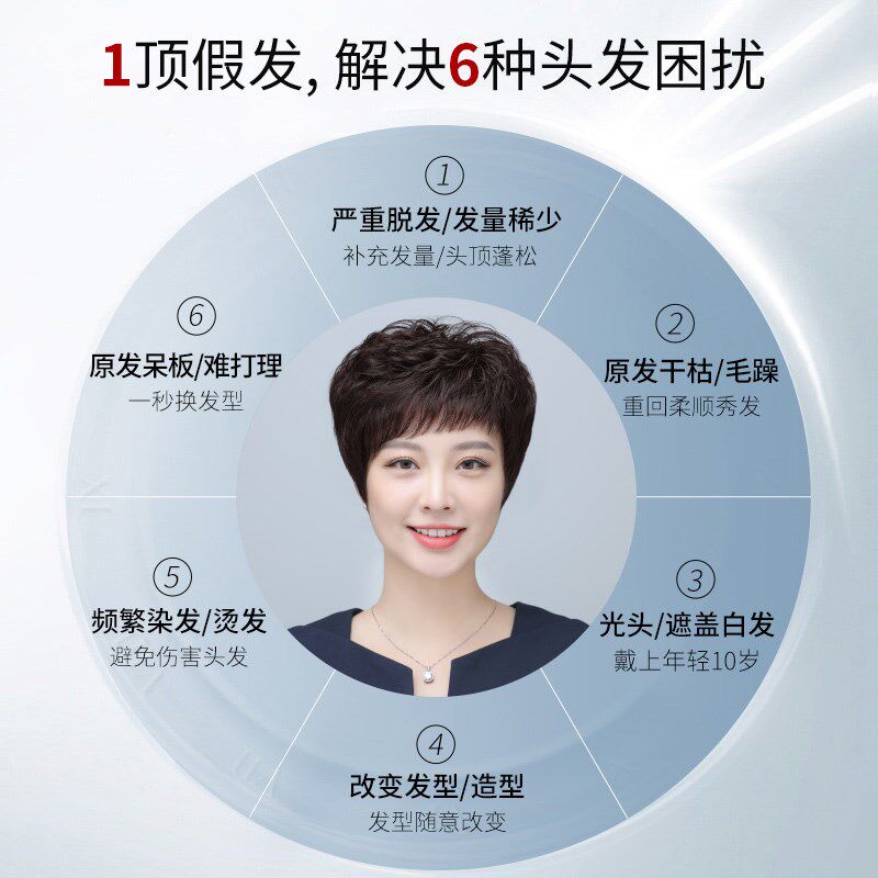 假发短发女全头套真发全真人发中老年女士发套妈妈自然真头发卷发