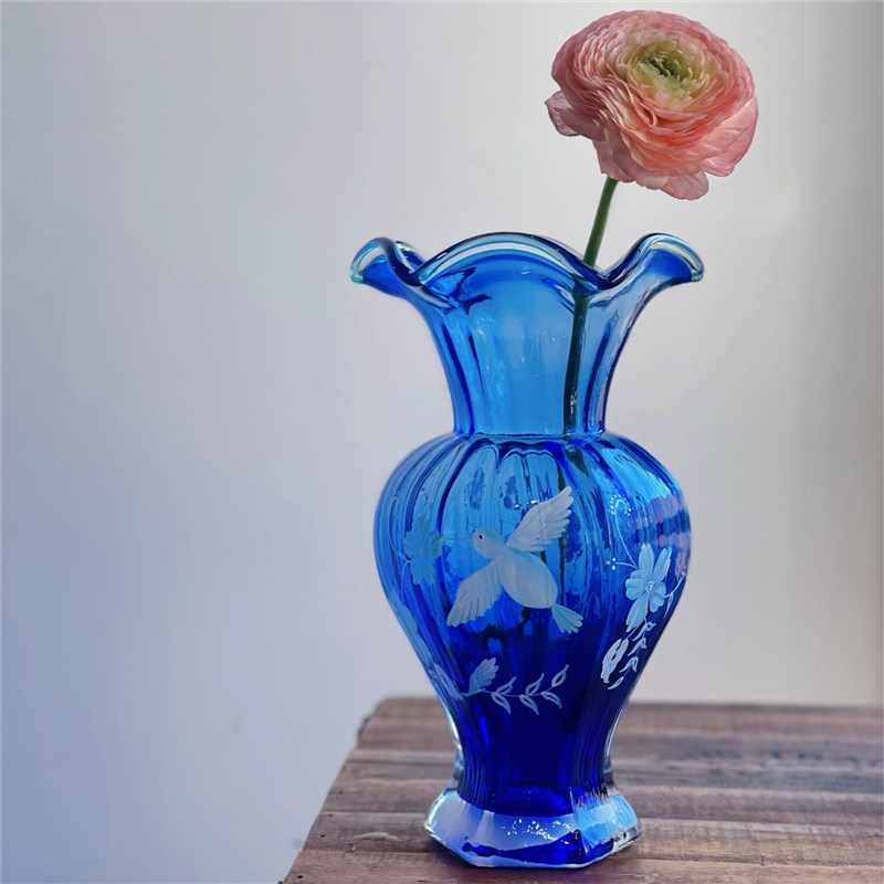 中古芬顿风钴蓝手绘手工玻璃花瓶家居法式轻奢水培插花器客厅摆件
