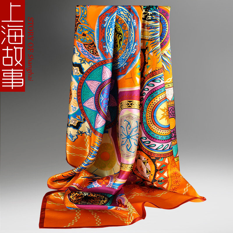 洋气桔色~真丝丝巾女桑蚕丝围巾春秋季百搭大方巾妈妈三八节礼物