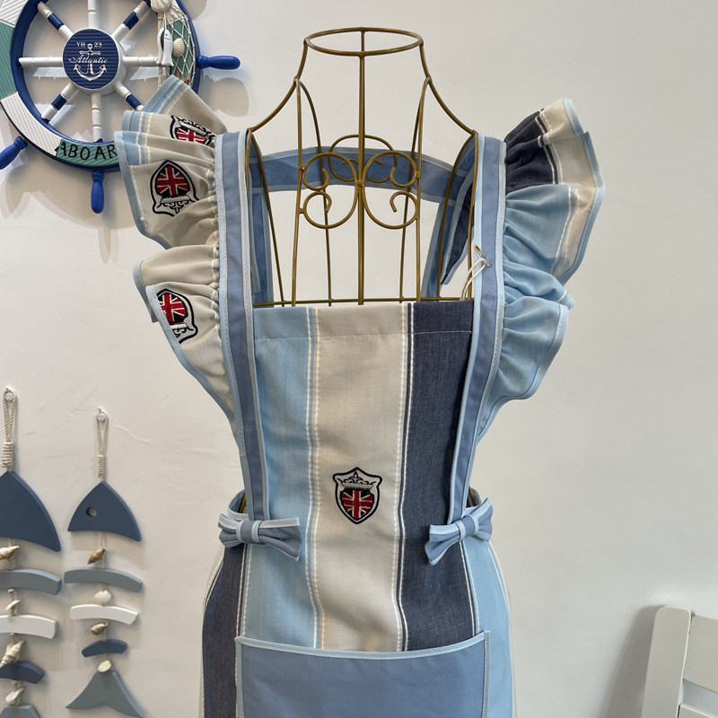 海军蓝盾牌文艺防污绘画画围裙女韩版时尚工作厨房花边做饭罩衣