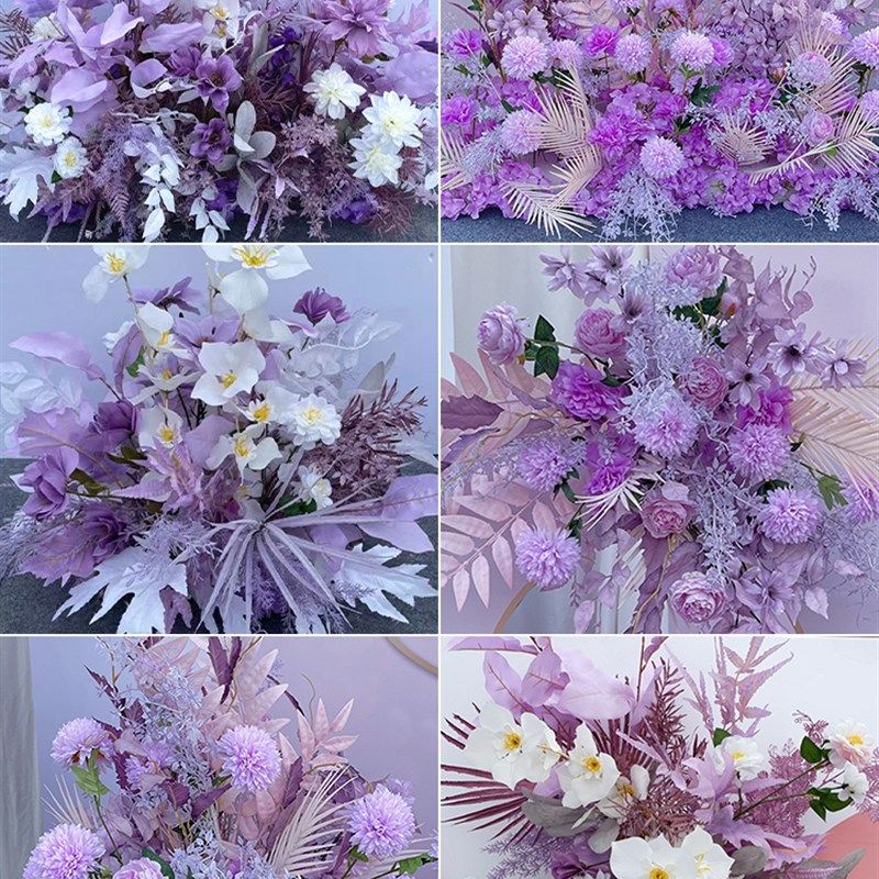 婚礼紫色地排花仿真绢花 婚庆用路引花布置 假花花艺设计