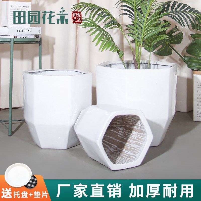 现代简约高档陶瓷花盆六方纯白色多边形家用客厅特大口径高款种树