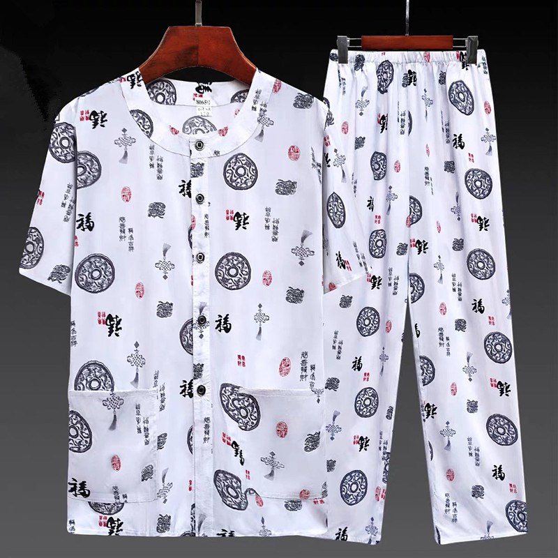新款中老年短袖棉绸套装男士开衫睡衣爷爷家居服爸爸夏季绵绸套装