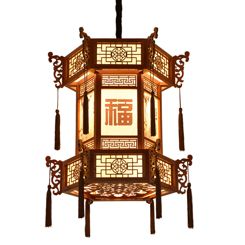 中式复古实木宫灯仿古羊皮吊灯宫廷别墅祠堂寺庙长廊亭子六角灯笼