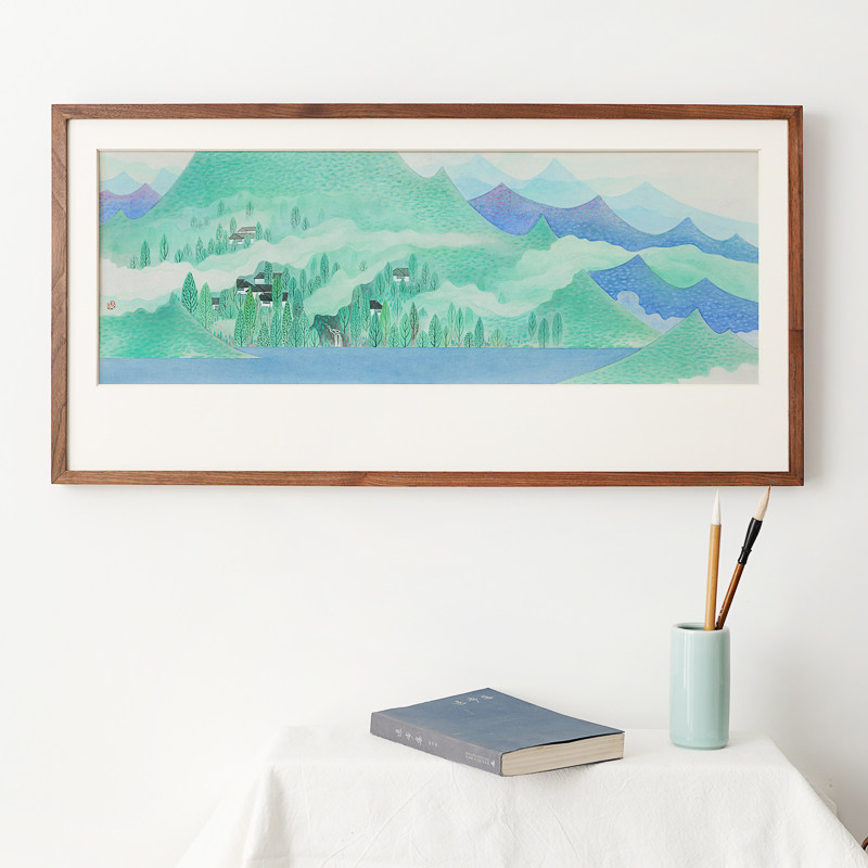 李旭青绿山水墨画山峰彩色横版床头沙发客厅书房装饰画新中式挂画