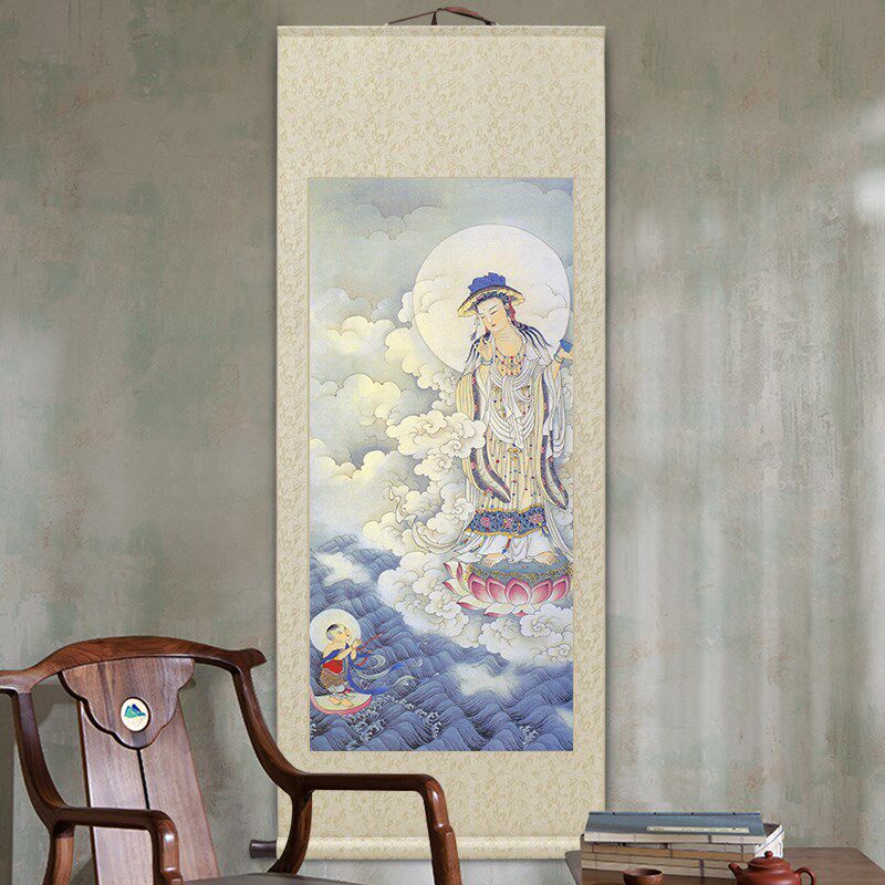 送子观音图卷轴挂画玄关画观世音娘娘画像新中式客厅装饰画中国风
