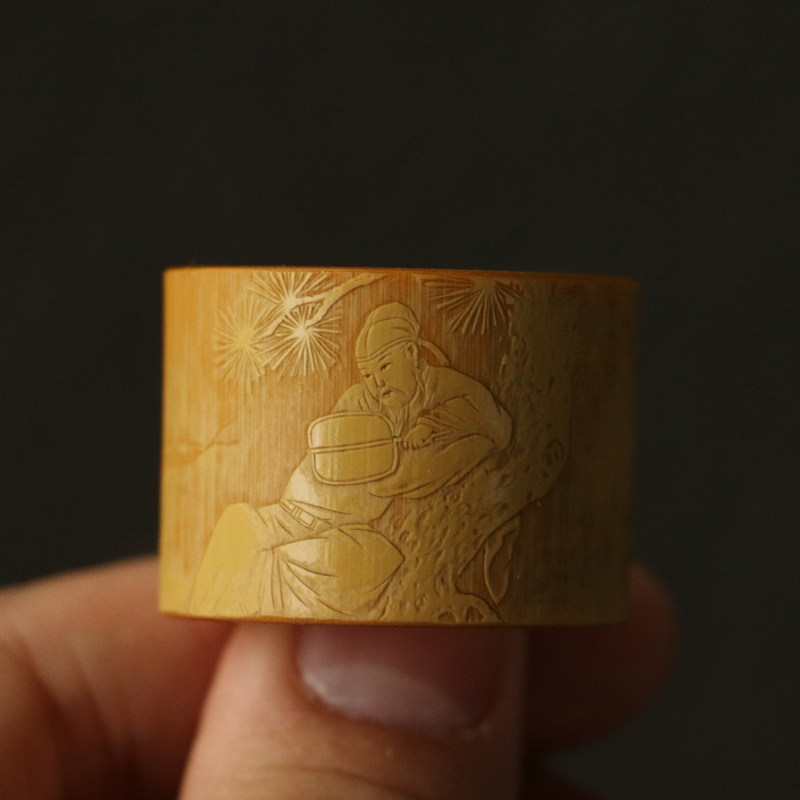 精品名家袁江纯手工留青雕刻文人图老玉竹扳指竹雕竹指环戒指把玩