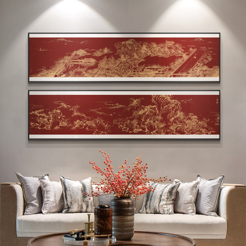 新中式客厅千里山水楼阁装饰画酒店包厢浮雕立体别墅餐厅挂画民宿