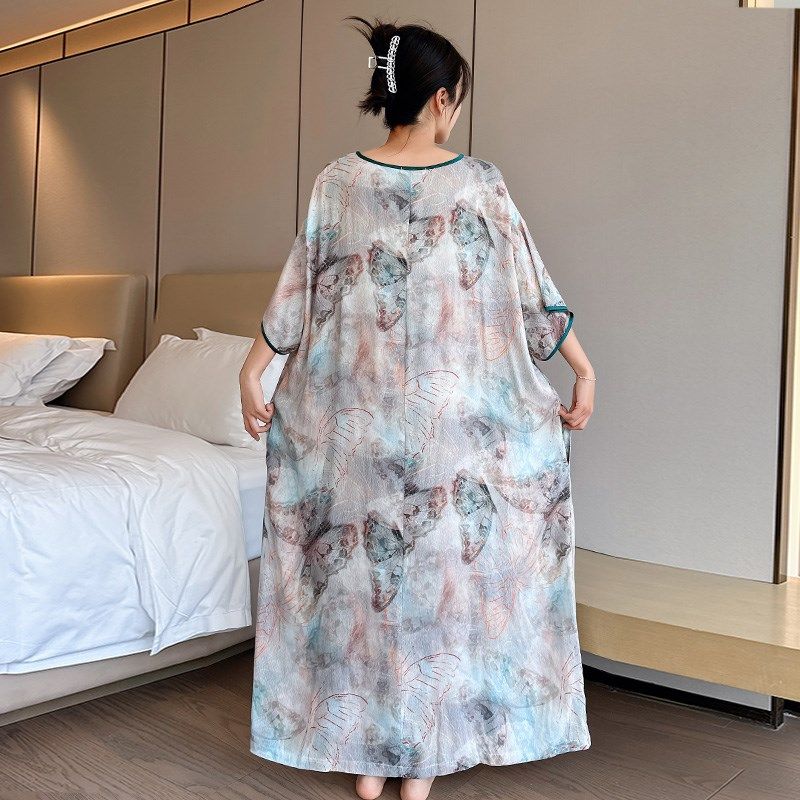 新中式睡裙夏季大码200斤胖mm女款棉绸国风连衣裙孕妇睡衣家居裙