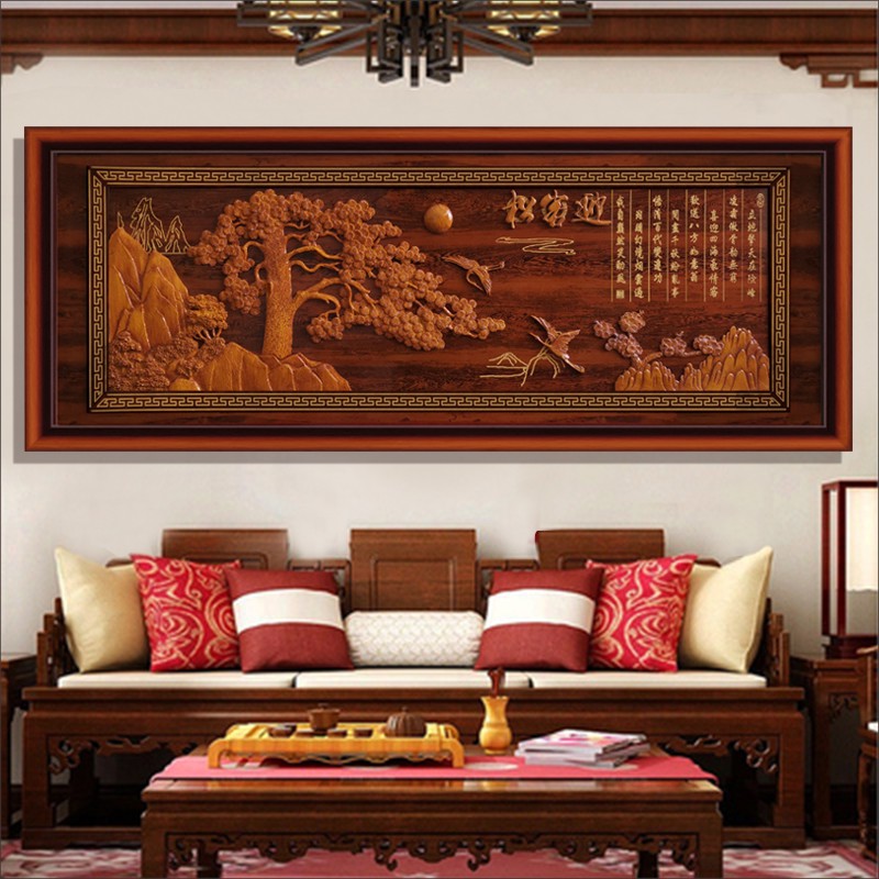 东阳木雕新中式客厅挂画沙发背景墙3d立体浮雕画高档牌匾装饰画图片