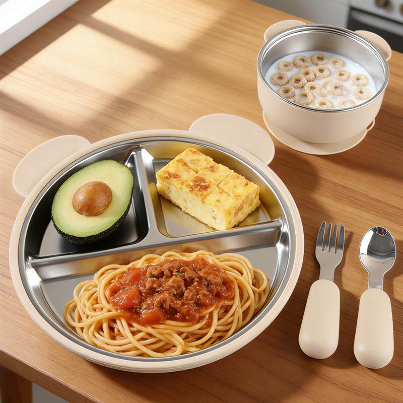 宝宝304不锈钢矽胶吸盘餐盘碗叉勺杯子副食品餐具儿童饭厅专用套