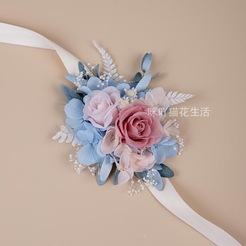 真花粉蓝色新郎结婚胸花新娘手腕花 永生花玫瑰甜美草坪婚礼襟花