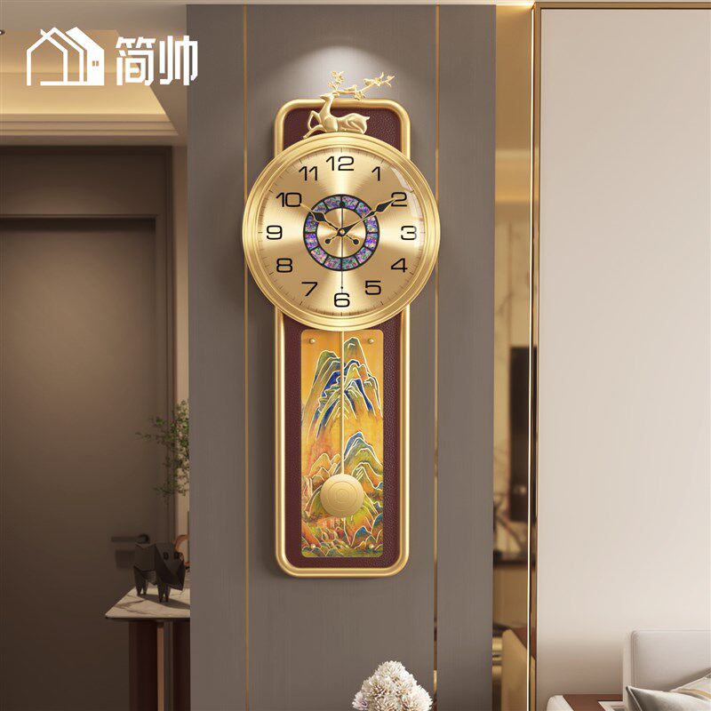 简帅家居饰品新中式黄铜挂钟客厅家用高档钟表静音表时钟挂钟表