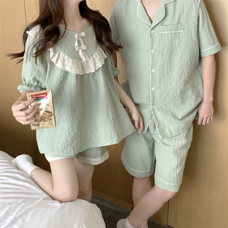 情侣睡衣女夏季2025新款甜美蕾丝短袖短裤一男一女棉麻家居服套装