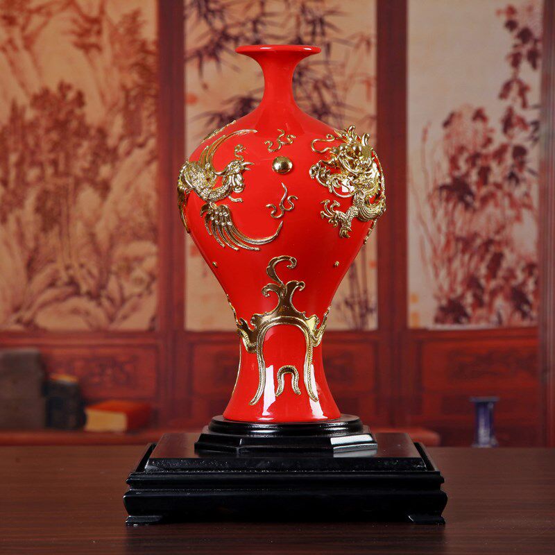 漆线雕红色龙凤花瓶陶瓷新中式新房客厅摆件婚房装装饰品结婚礼物